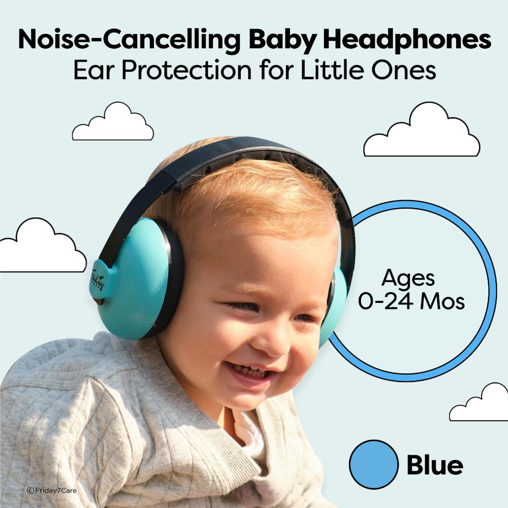 Friday 7Care Baby Headphones blue front view highlights adjustable headband for ages 0–24 months.