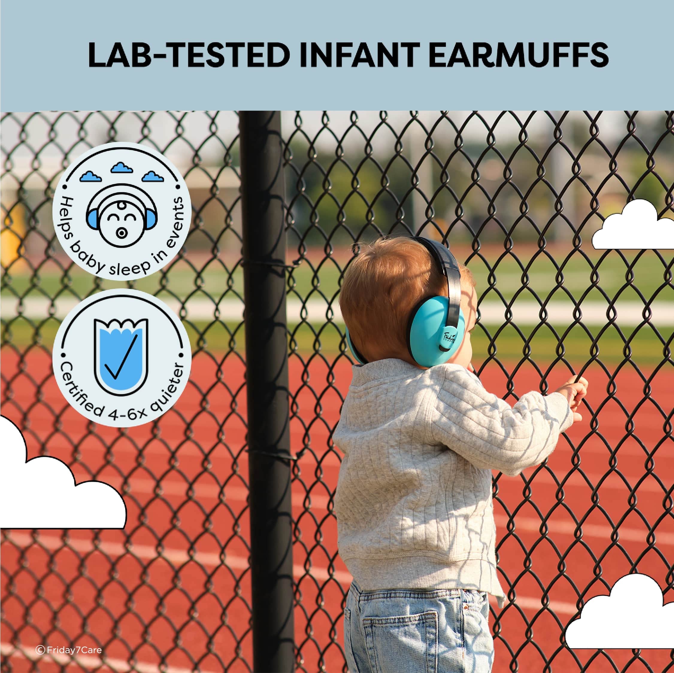 Friday 7Care Baby Headphones blue worn by baby during travel for calm listening.