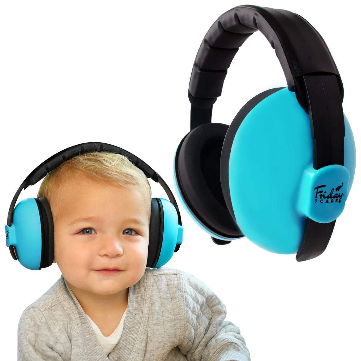 Friday 7Care Baby Headphones blue side view shows gentle ear protection for infants.