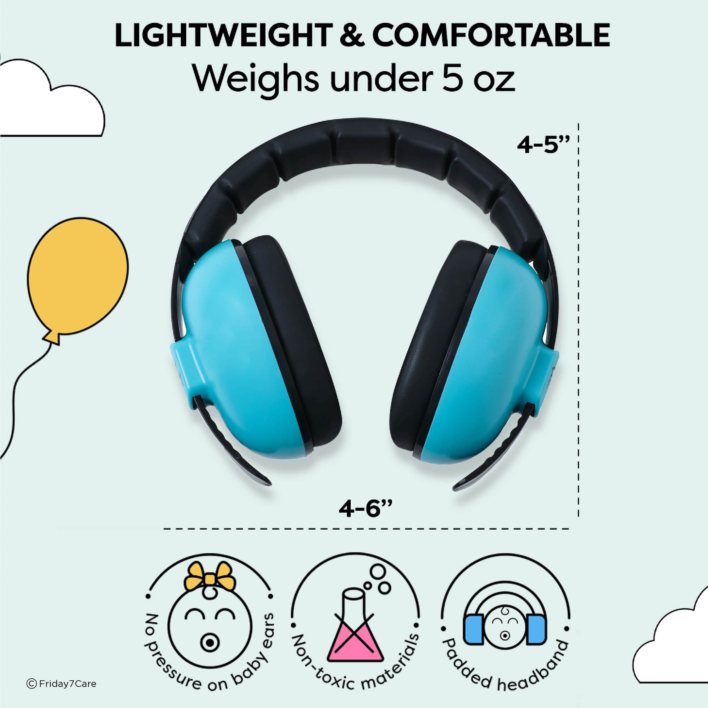 Friday 7Care Baby Headphones blue in-use image demonstrates ear protection in noisy environments.