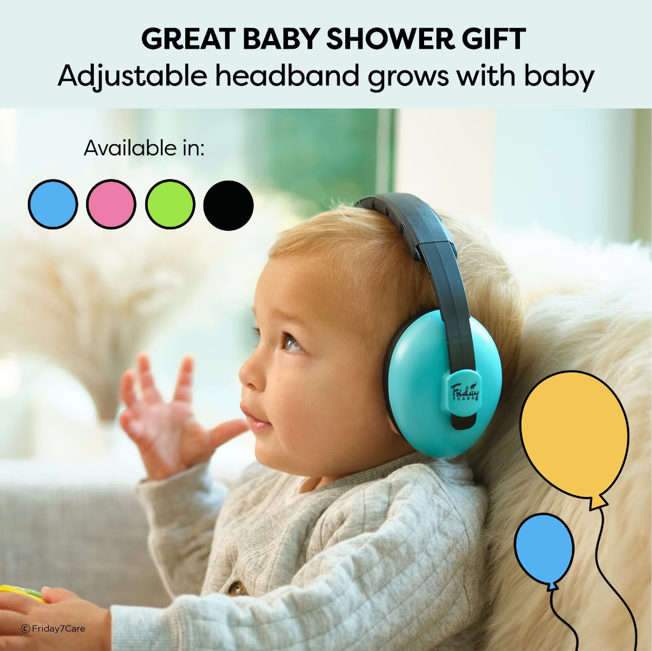 Friday 7Care Baby Headphones blue compact design with travel case nearby.