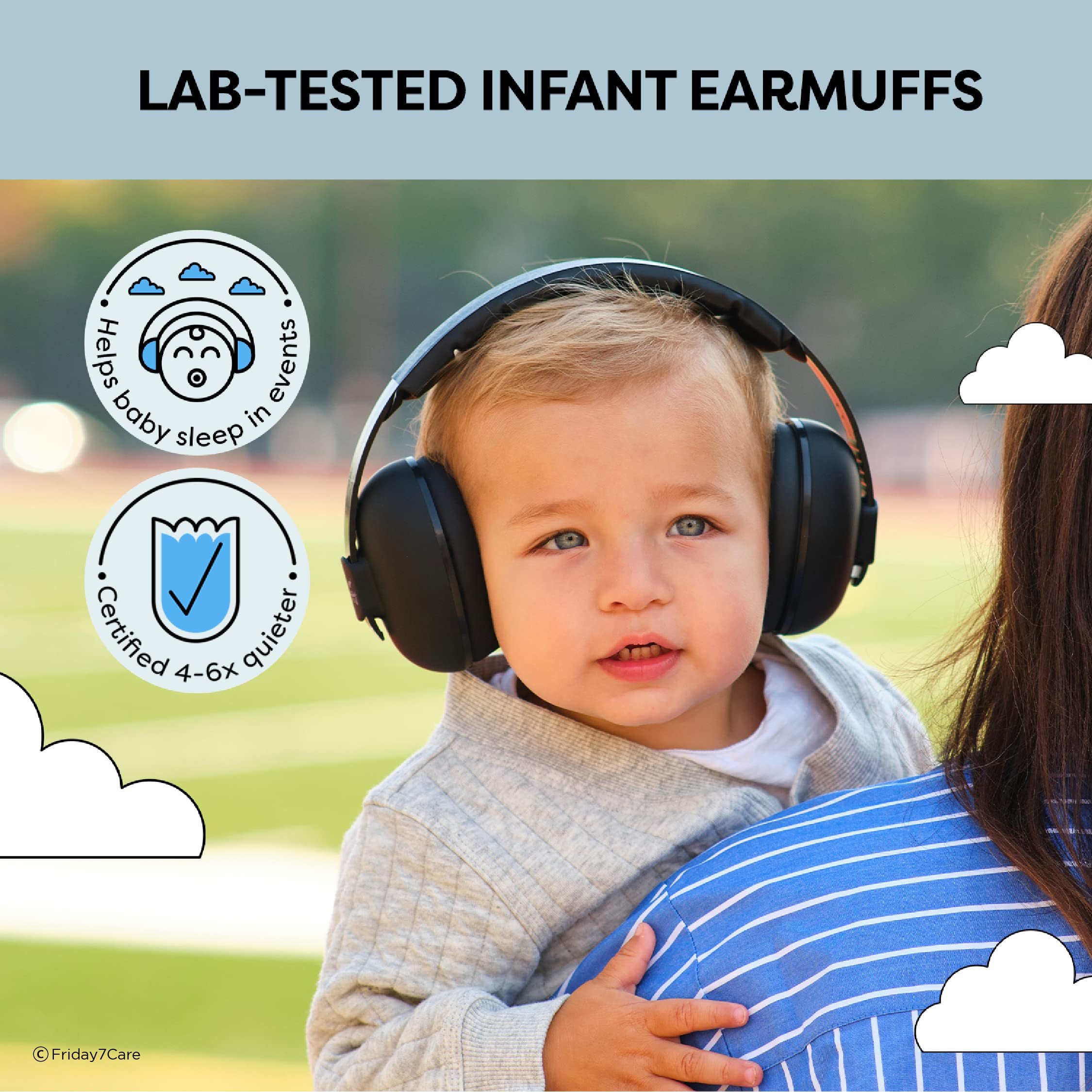 Friday 7Care noise-reduction ear protection for calm outings with baby.