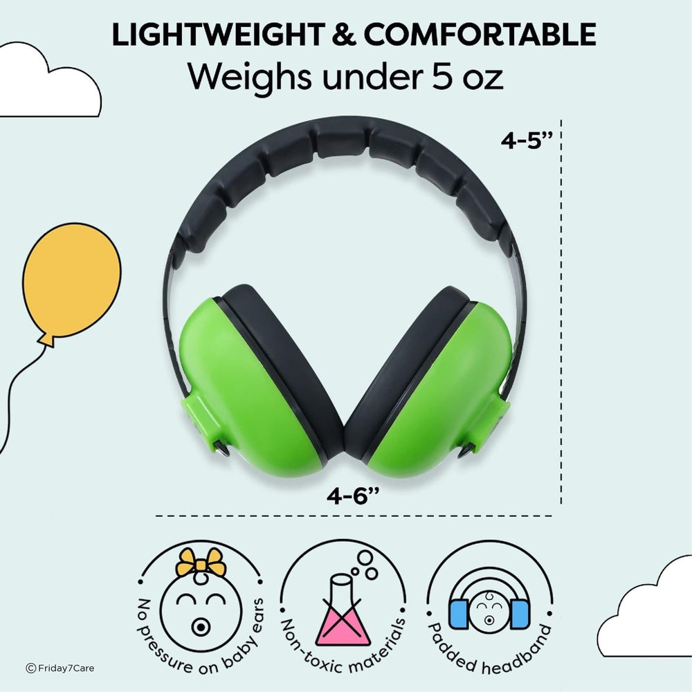 Friday 7Care lightweight green baby ear protection worn by infant for comfortable all-day use.