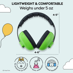 Friday 7Care lightweight green baby ear protection worn by infant for comfortable all-day use.