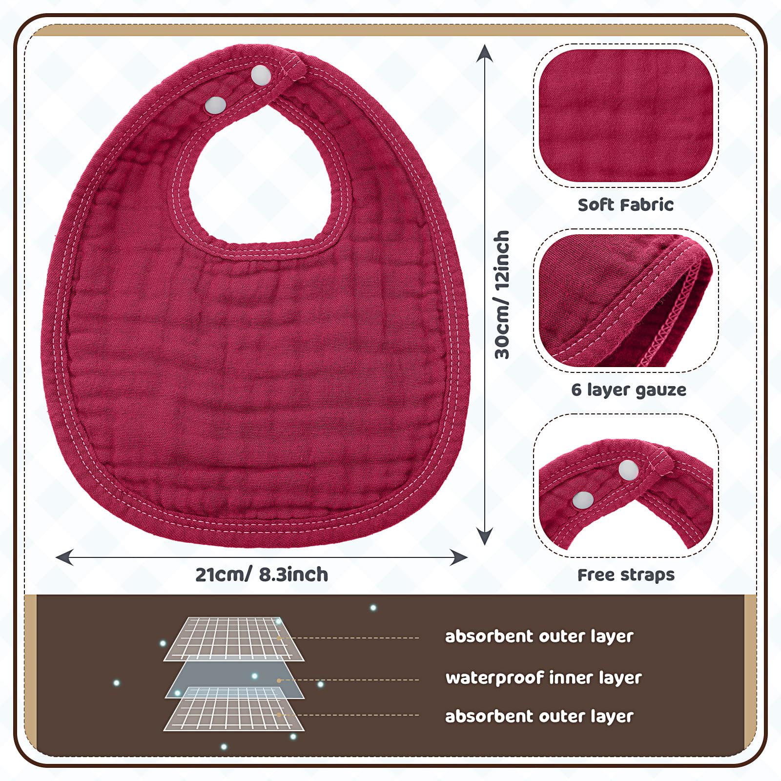 Frienda 6-layer muslin bib offers extra absorbency for drool and spills.
