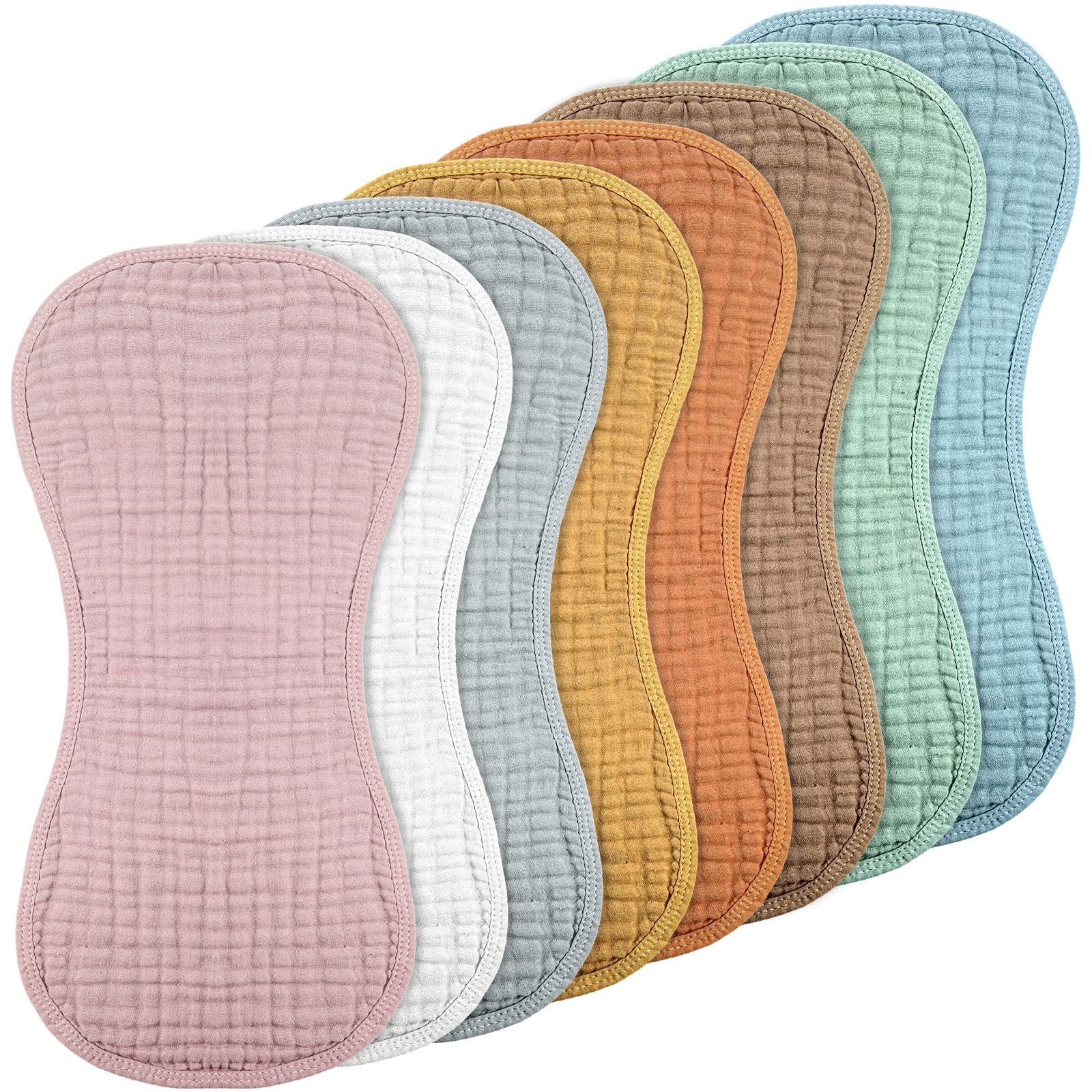 Frienda 8-piece muslin burp cloths in 8 colors offer gentle skin protection.