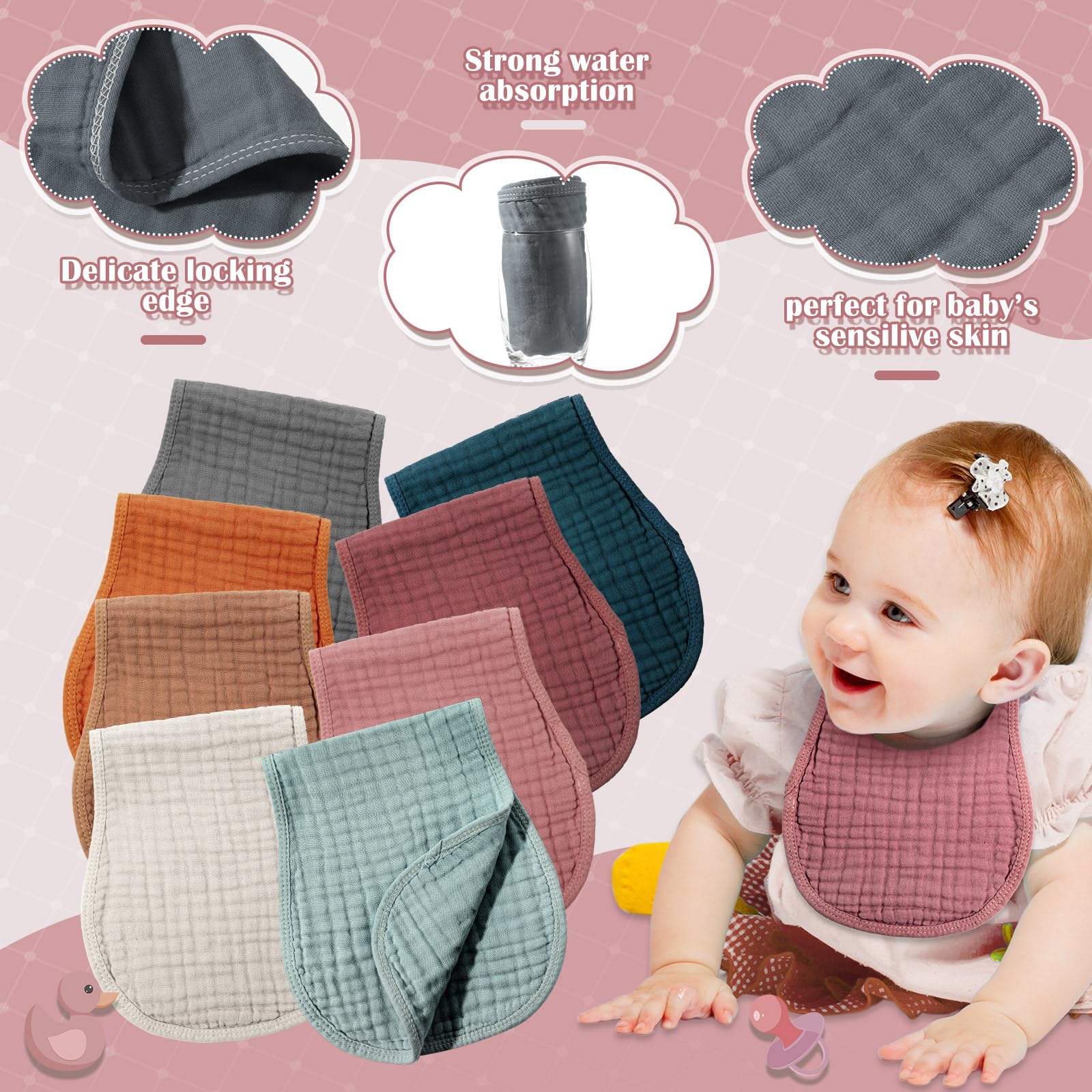 Frienda baby burp cloths measure 10 by 20 inches for broad coverage.