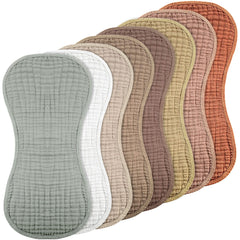 Frienda 8-piece burp cloths pack in warm colors, soft and absorbent for everyday feeding.