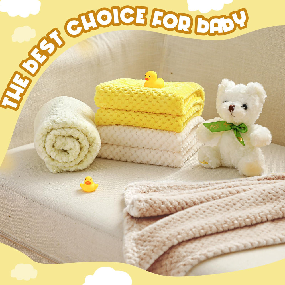Frienda yellow fuzzy blanket on crib showing large size and cozy texture.