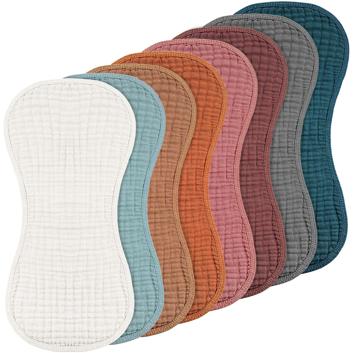 Frienda eight-piece muslin burp cloths in bright colors for gentle baby care.