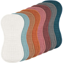 Frienda eight-piece muslin burp cloths in bright colors for gentle baby care.