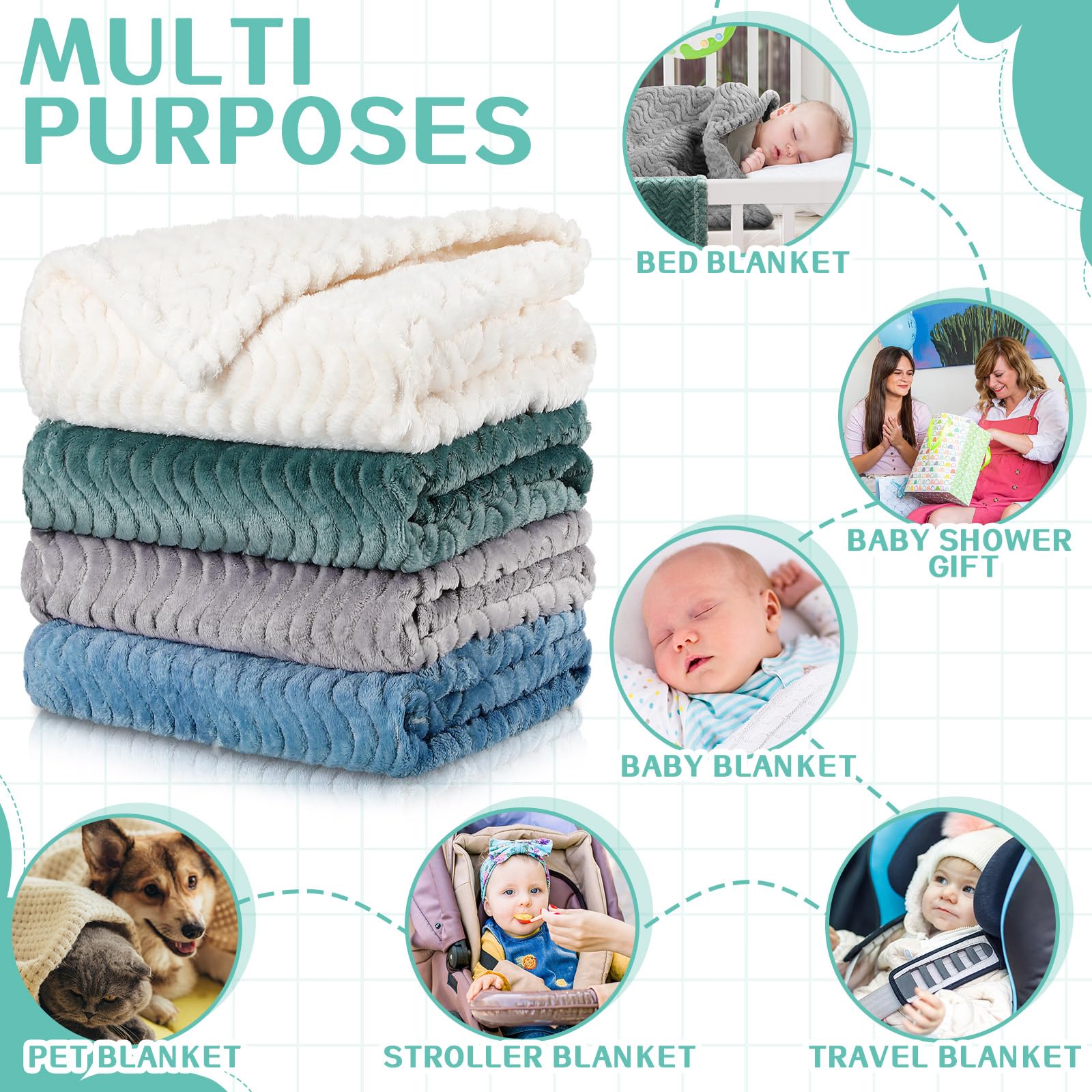 Frienda four-pack blankets in pastel colors for nursery and travel.