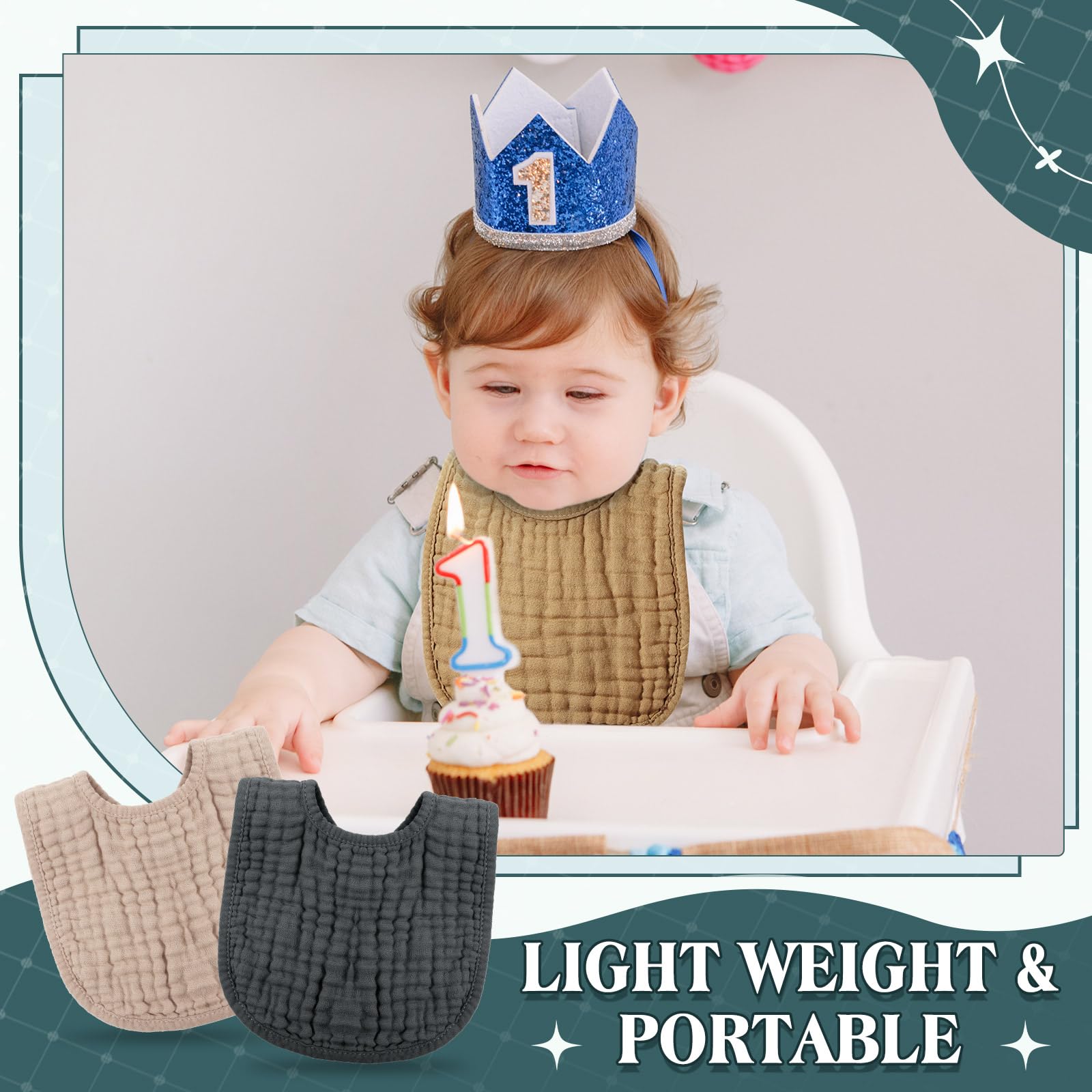 Frienda machine-washable bibs with secure snaps for quick changes.