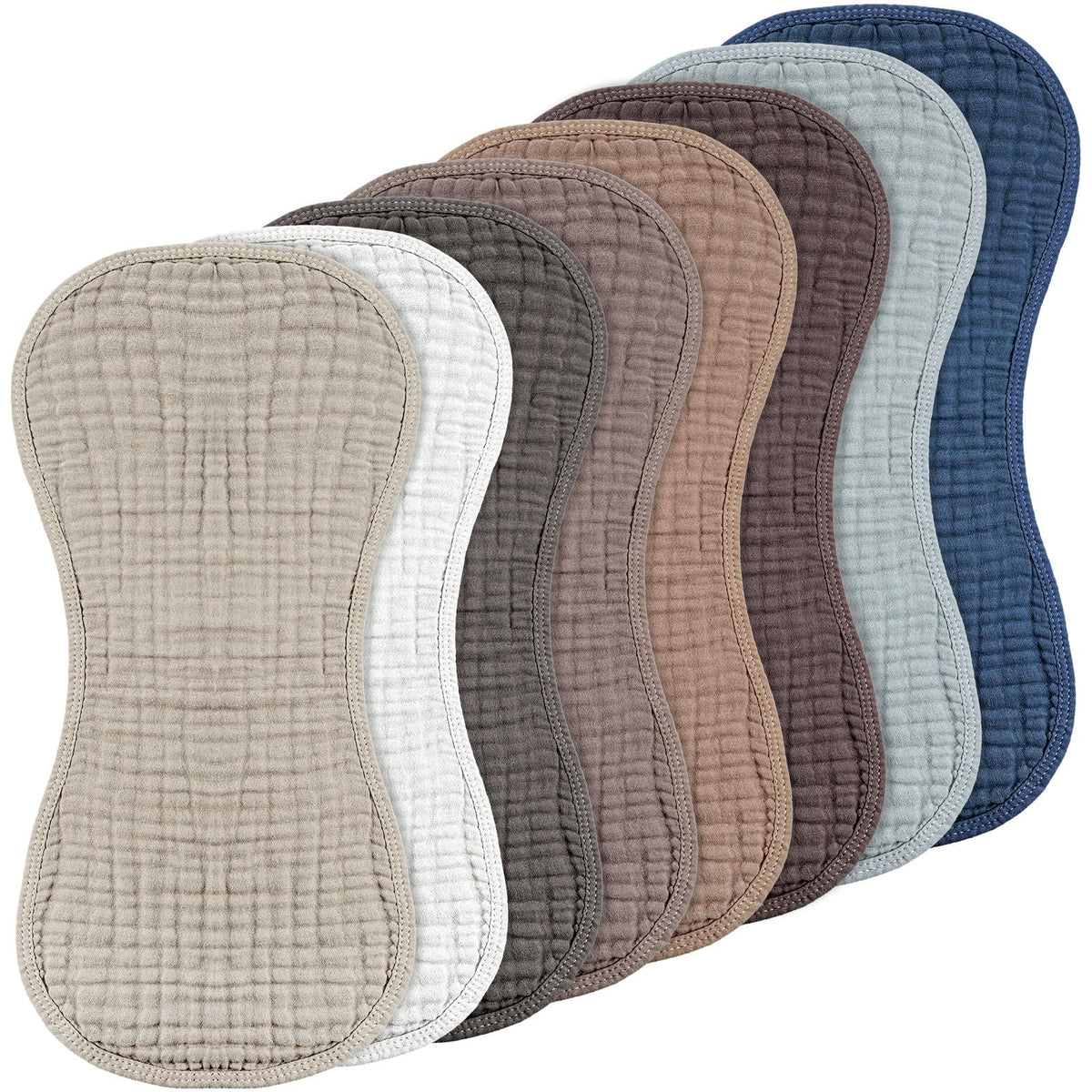 Frienda muslin burp cloths eight-pack in multi colors, soft and absorbent for daily use.