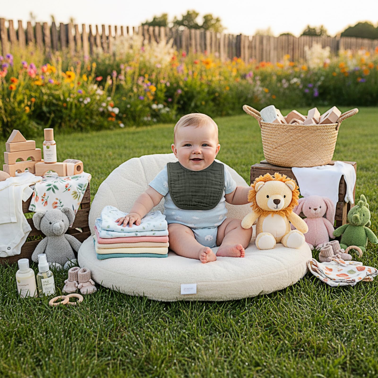 Frienda soft cotton muslin bibs are gentle on baby's skin for all day wear.