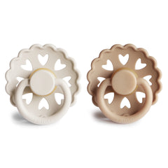 Frigg Andersen Fairytale pacifier in cream close-up shows silky satin detail for baby comfort.