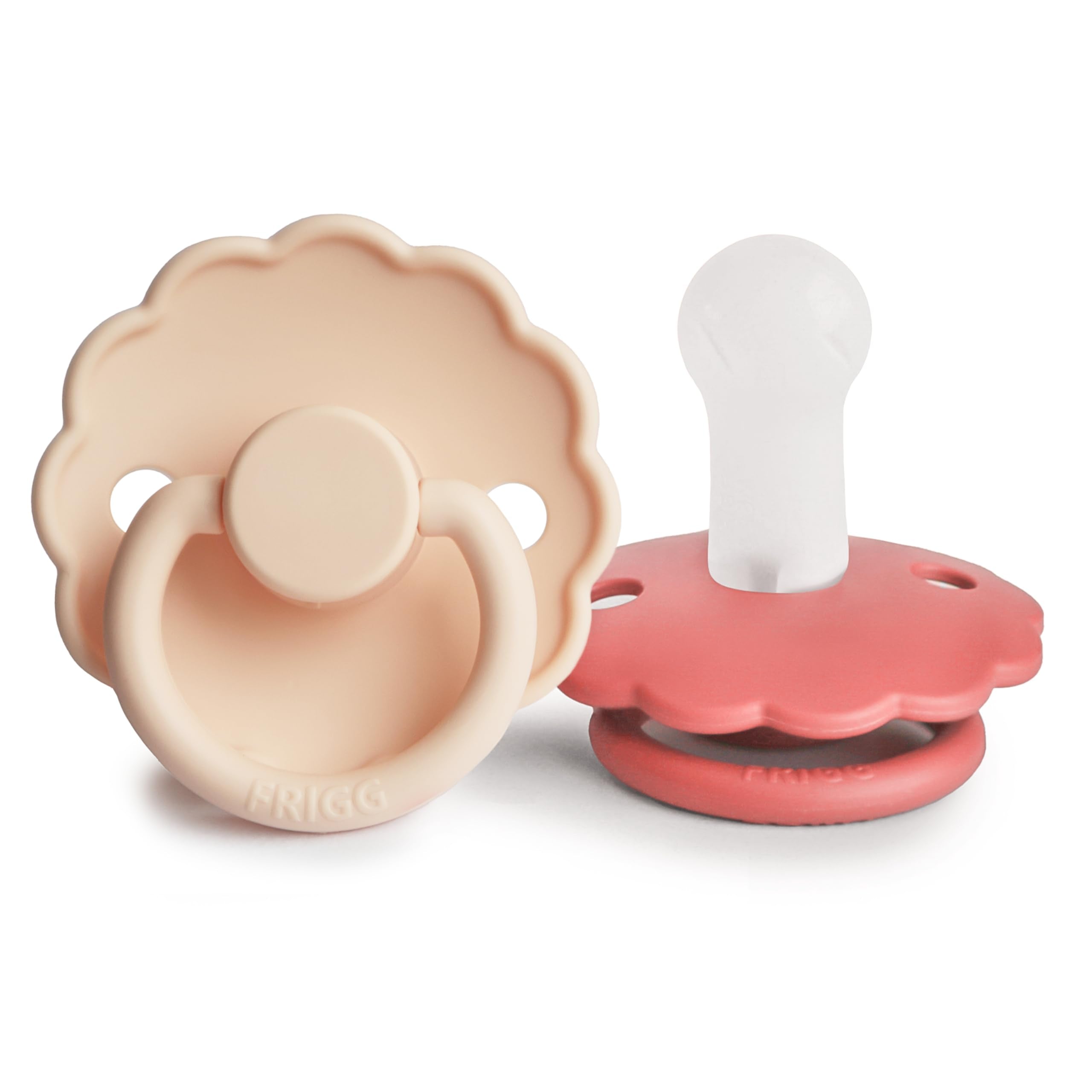 Frigg Daisy silicone pacifier 2-pack pink cream, gentle daily comfort for baby