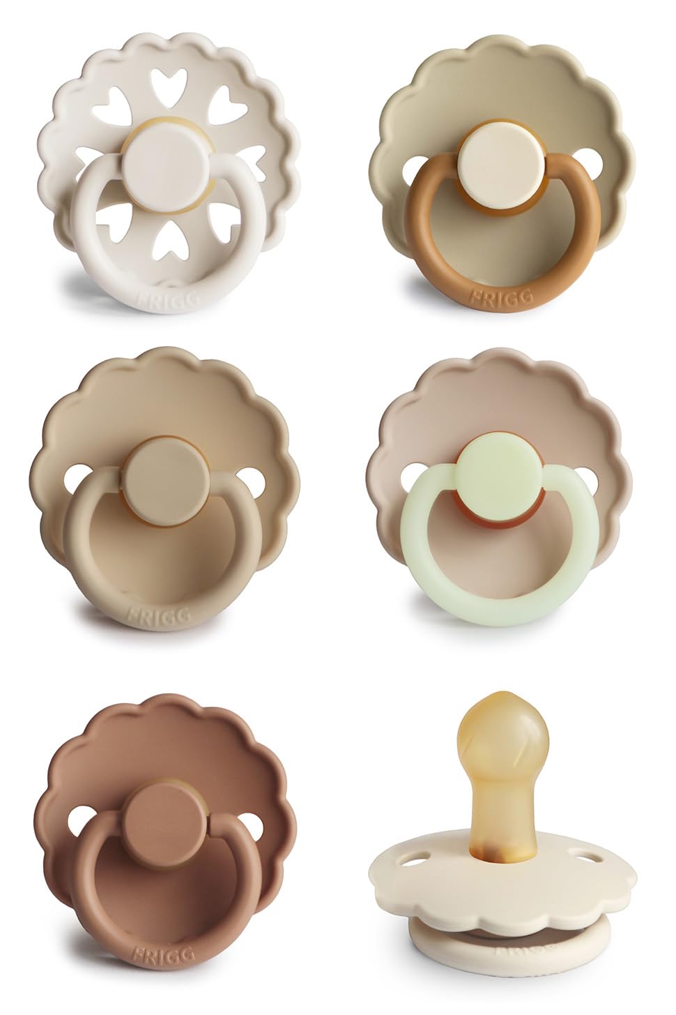 FRIGG Cinnamon Charm pacifier front view shows natural rubber nipple for soothing comfort.