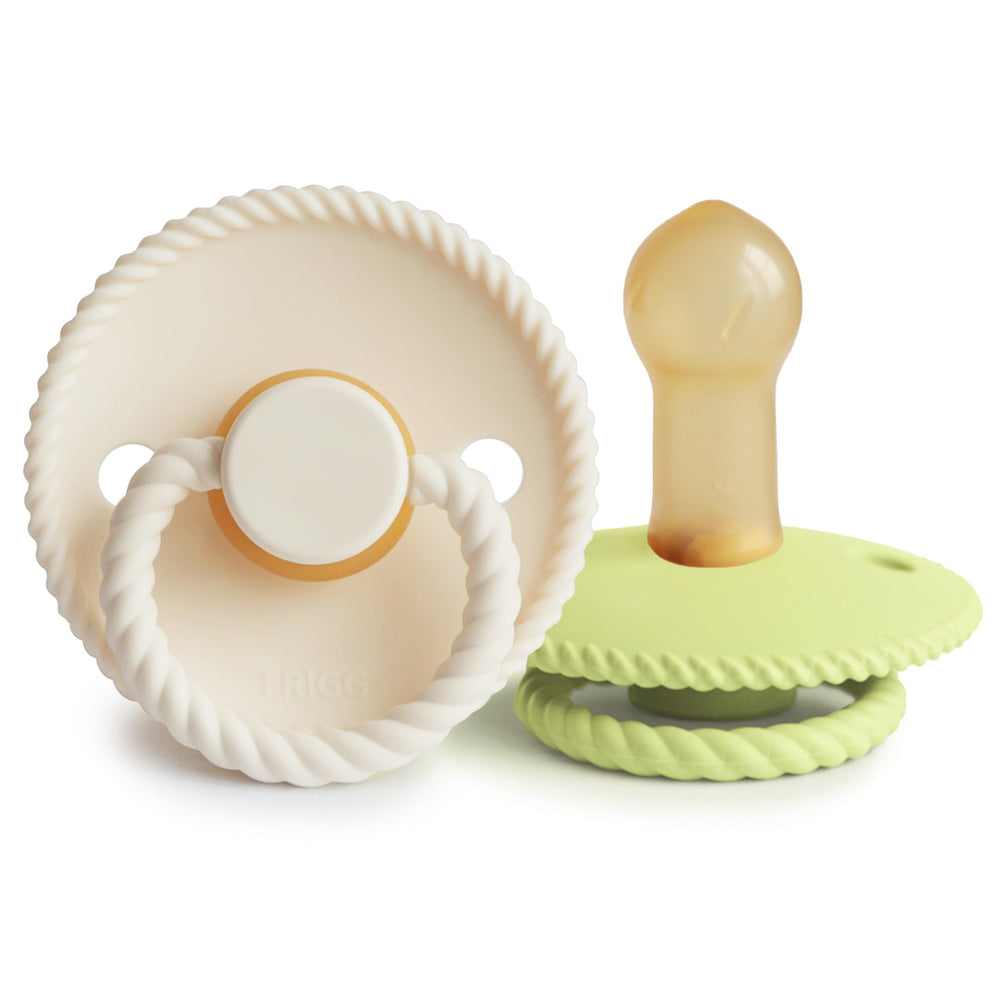 Frigg rope latex nipple pacifier with cream color for gentle soothing.