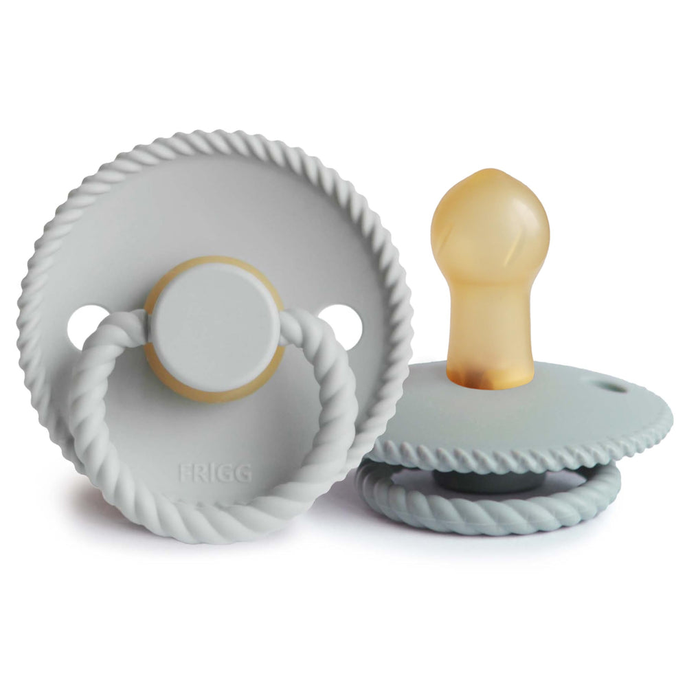 FRIGG Rope pacifier in silver gray showing the ergonomic shield