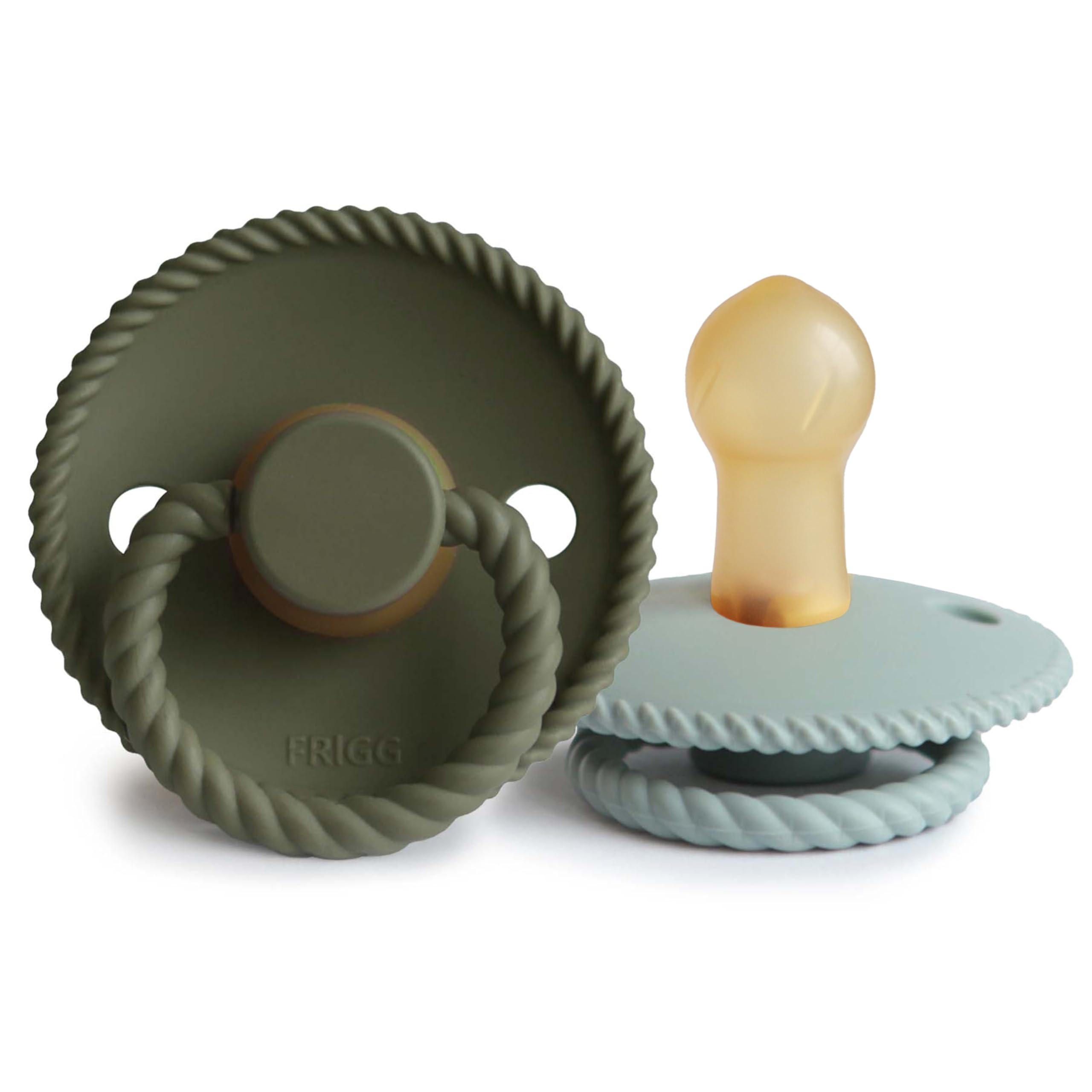 FRIGG Rope Pacifier with olive shield offers ergonomic comfort for baby.