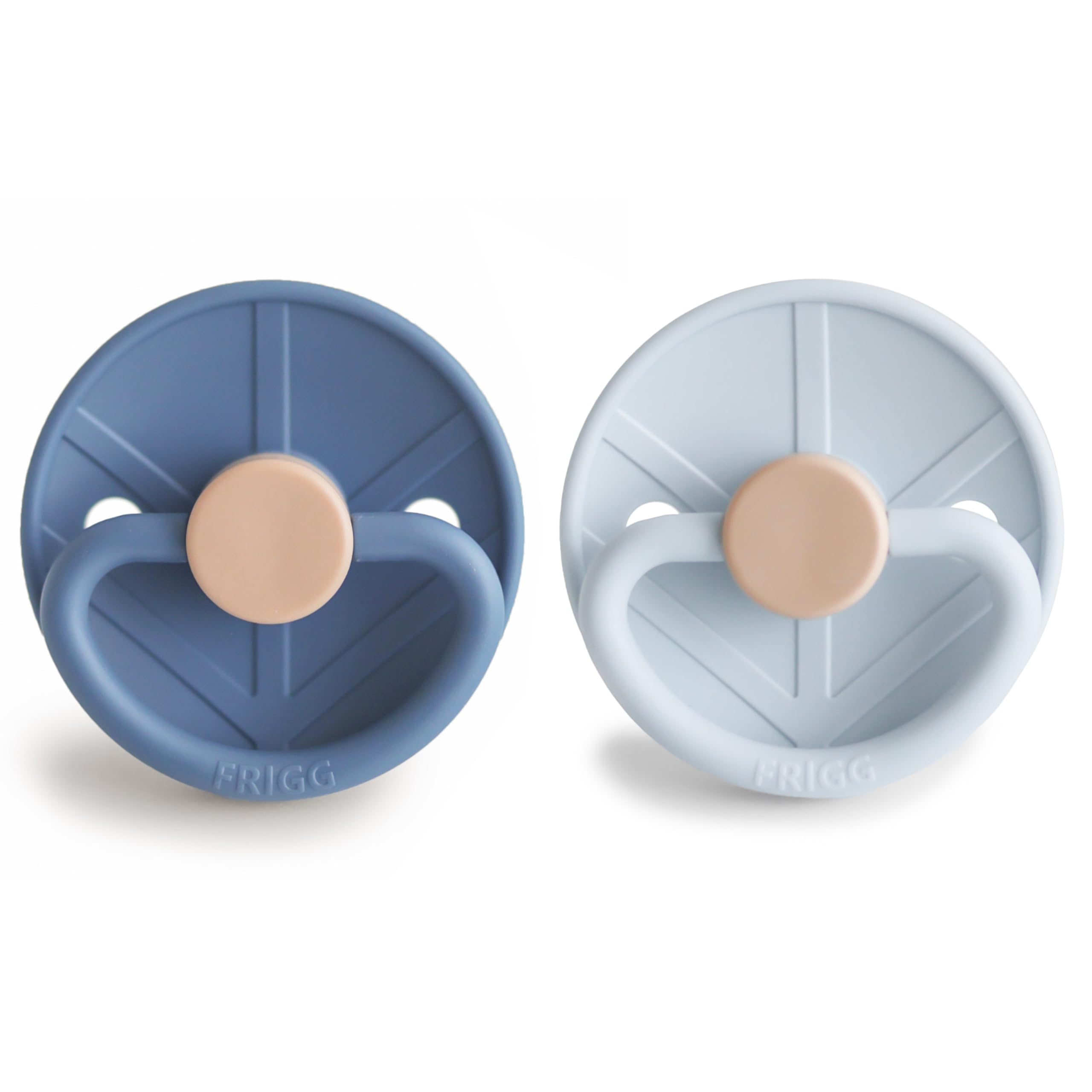 FRIGG Little Viking SilkySoft pacifier in Powder Blue with skin-friendly curve.