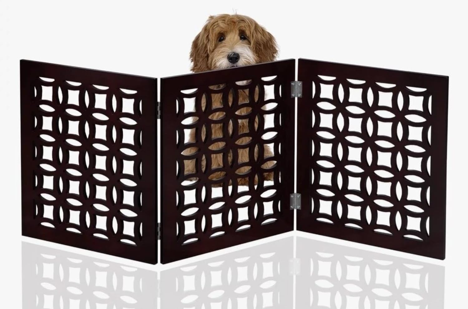 FRISKY FRIENDS Positano Mahogany pet gate assembled, freestanding tri-fold design for doorways.