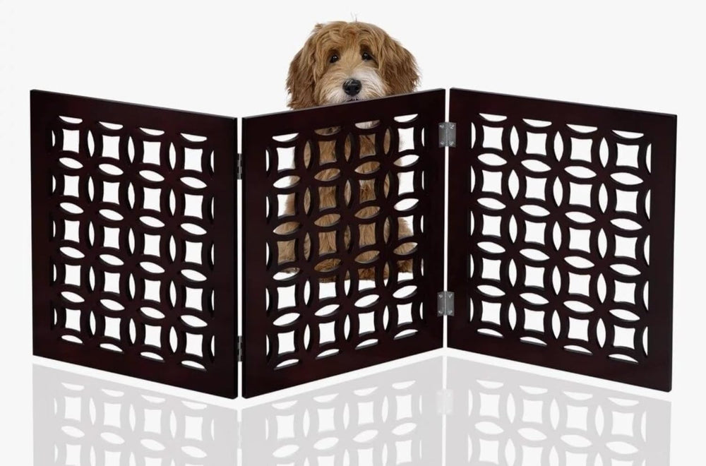 FRISKY FRIENDS Positano Mahogany pet gate assembled, freestanding tri-fold design for doorways.
