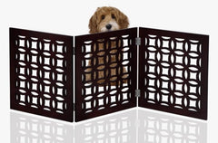 FRISKY FRIENDS Positano Mahogany pet gate assembled, freestanding tri-fold design for doorways.