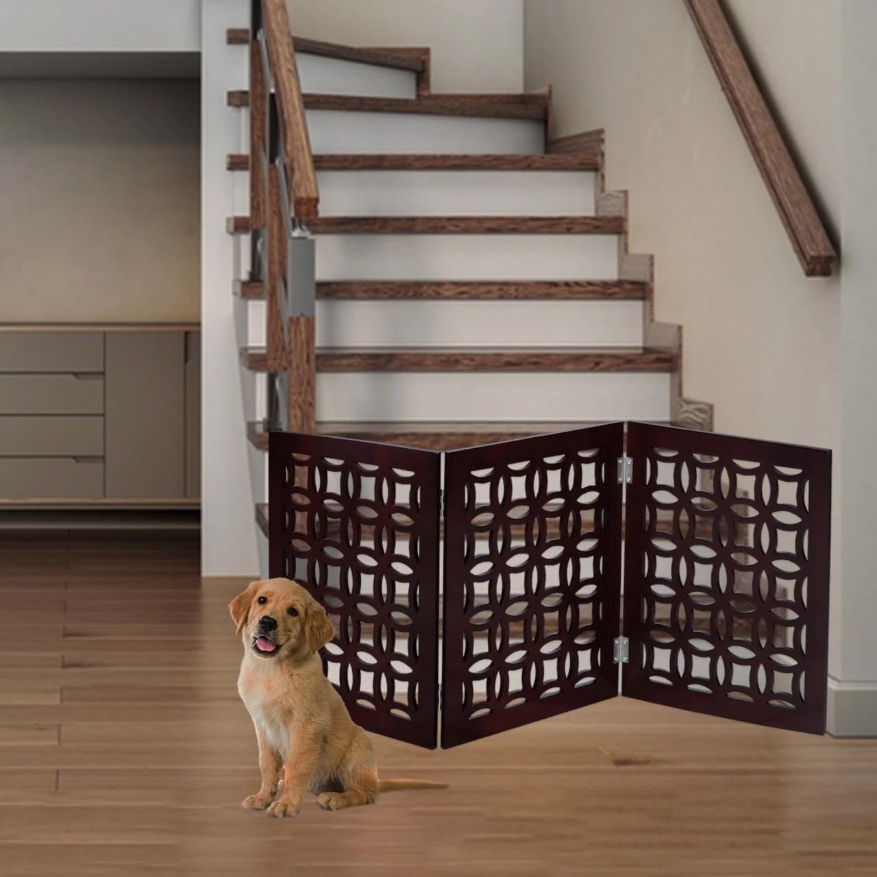 FRISKY FRIENDS Positano Mahogany gate folded, compact storage ready.