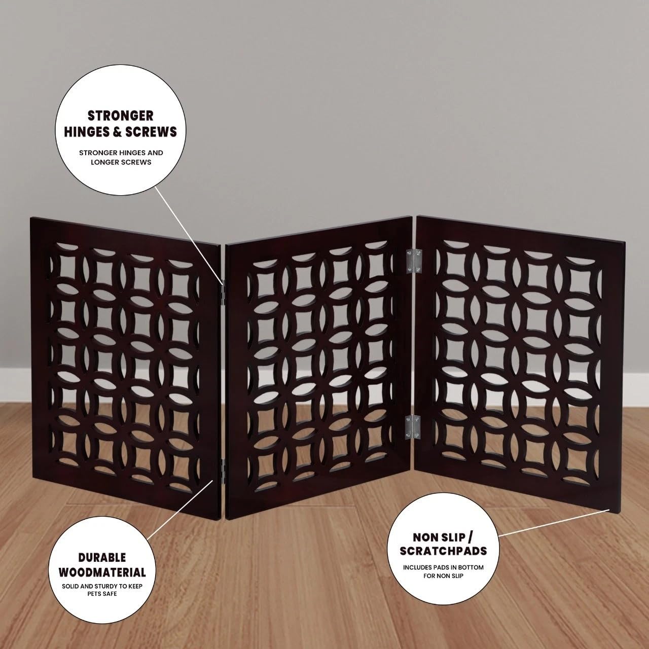 FRISKY FRIENDS Positano Mahogany gate in zig-zag pose creates room division.