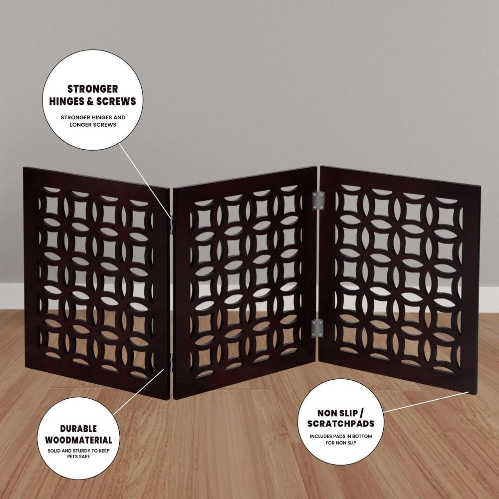 FRISKY FRIENDS Positano Mahogany gate in zig-zag pose creates room division.