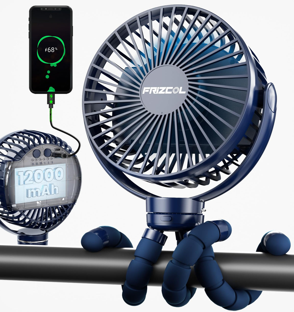 FRIZCOL stroller fan clip-on blue offers hands-free cooling on the go