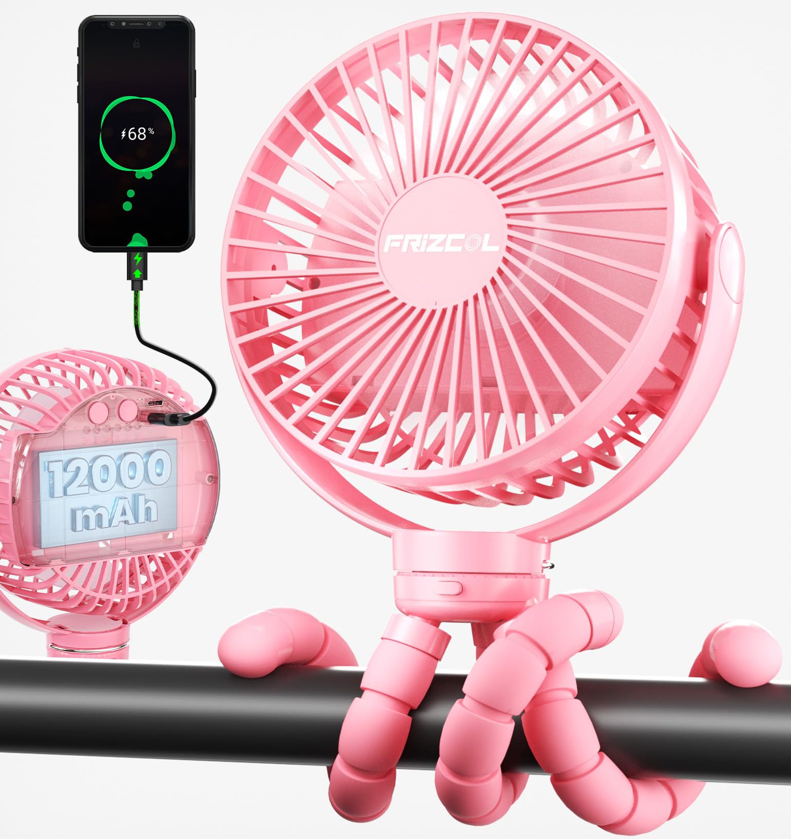 FRIZCOL 12000mAh portable stroller fan pink for extended outdoor cooling on the go.