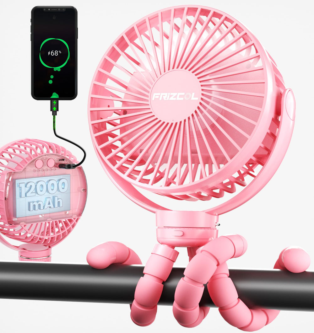 FRIZCOL 12000mAh portable stroller fan pink for extended outdoor cooling on the go.