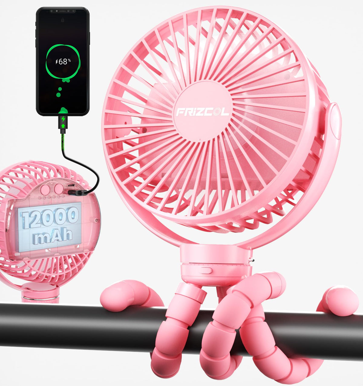 FRIZCOL 12000mAh portable stroller fan pink for extended outdoor cooling on the go.