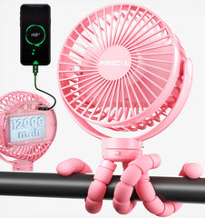 FRIZCOL 12000mAh portable stroller fan pink for extended outdoor cooling on the go.