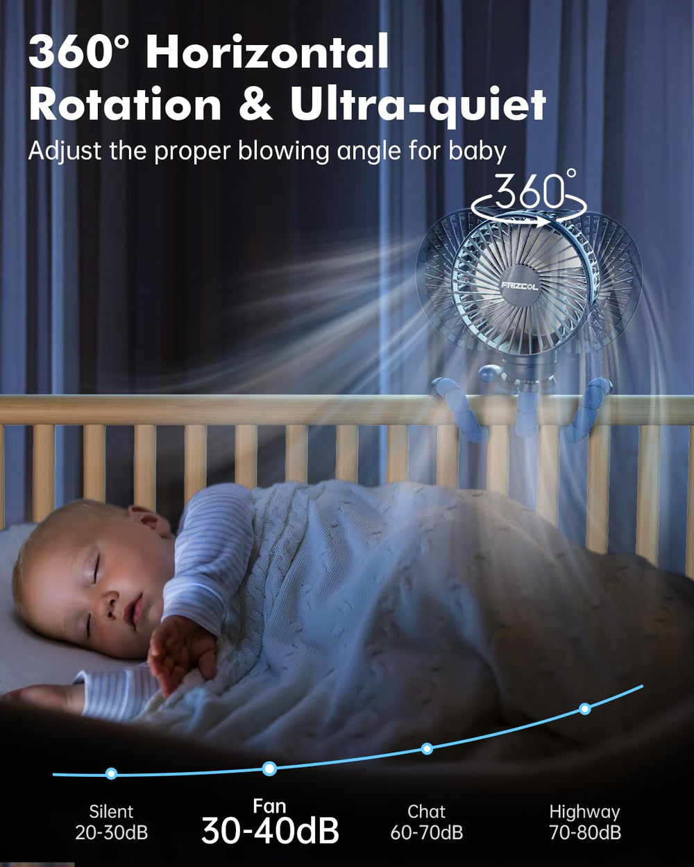 FRIZCOL Stroller Fan brushless motor keeps noise below 25dB.