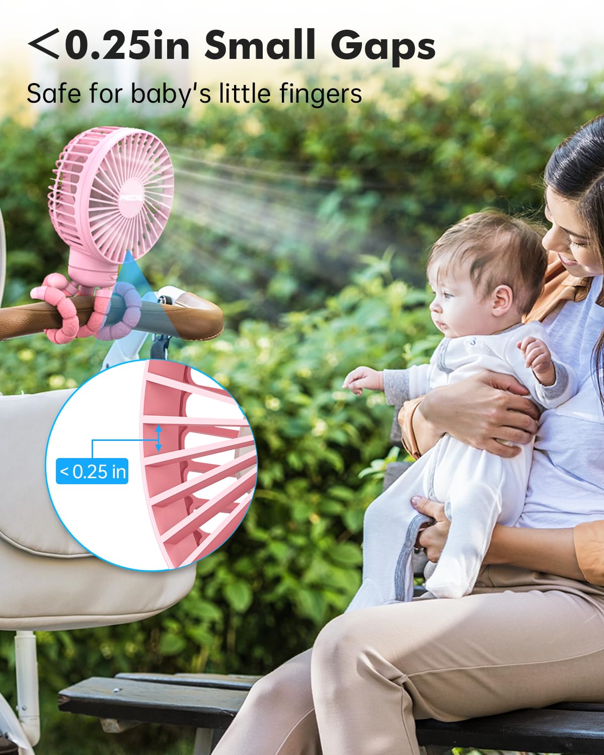 FRIZCOL pink stroller fan with bendable tripod for adjustable angles