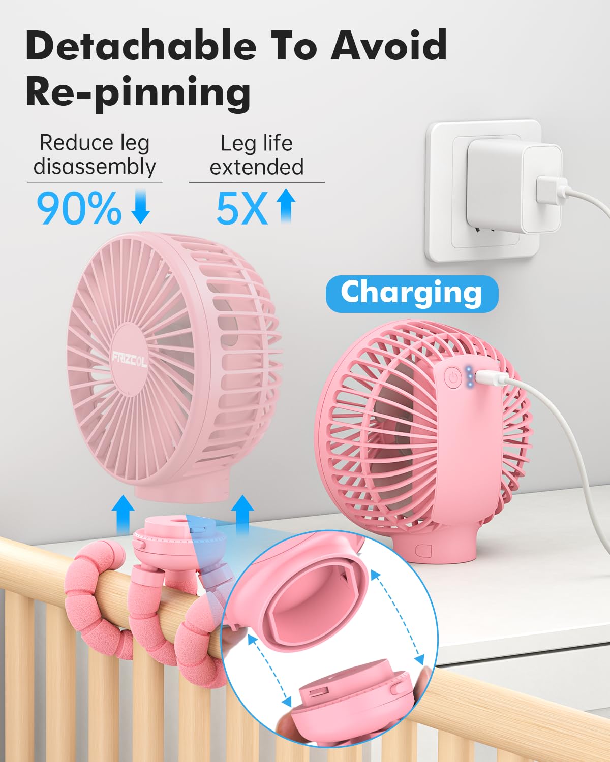 FRIZCOL pink stroller fan close-up on brushless motor for quiet operation