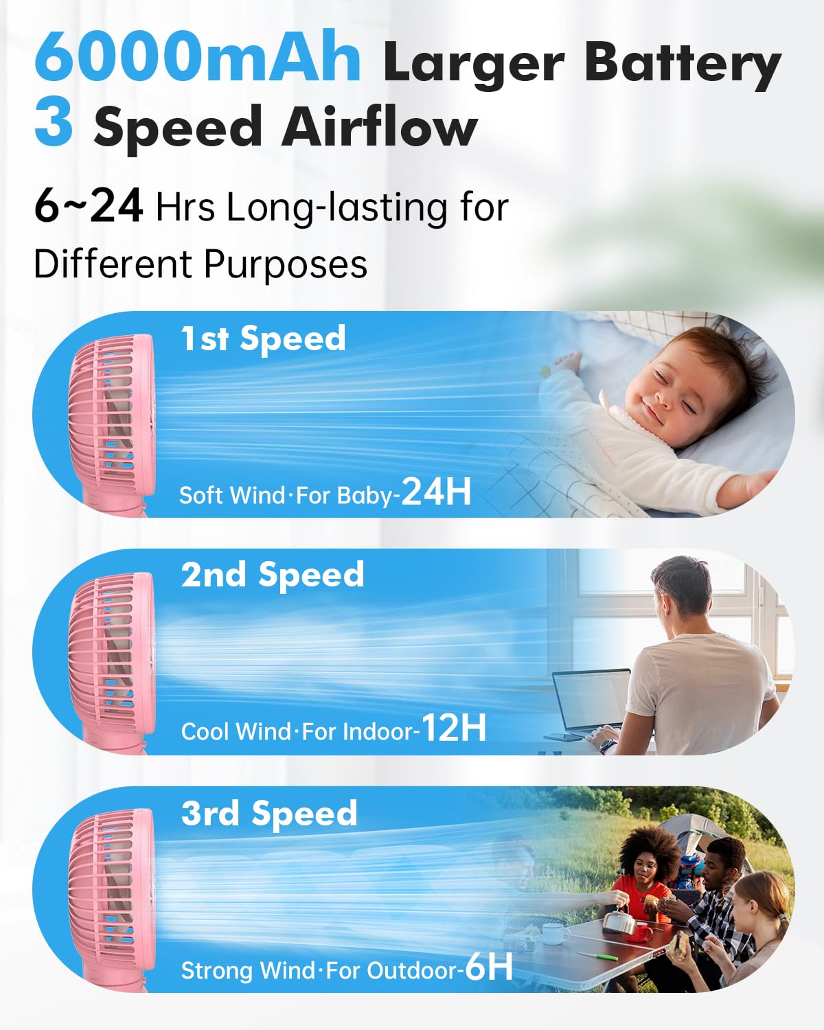 FRIZCOL pink stroller fan in handheld mode for on-the-go cooling
