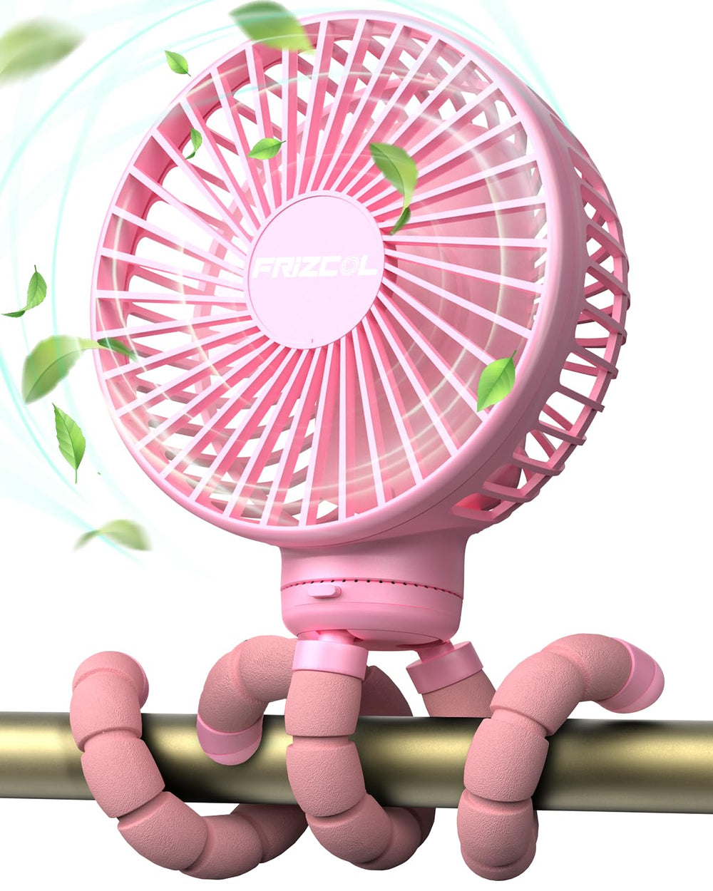 FRIZCOL Stroller Fan pink attached to a stroller delivering a gentle breeze for baby