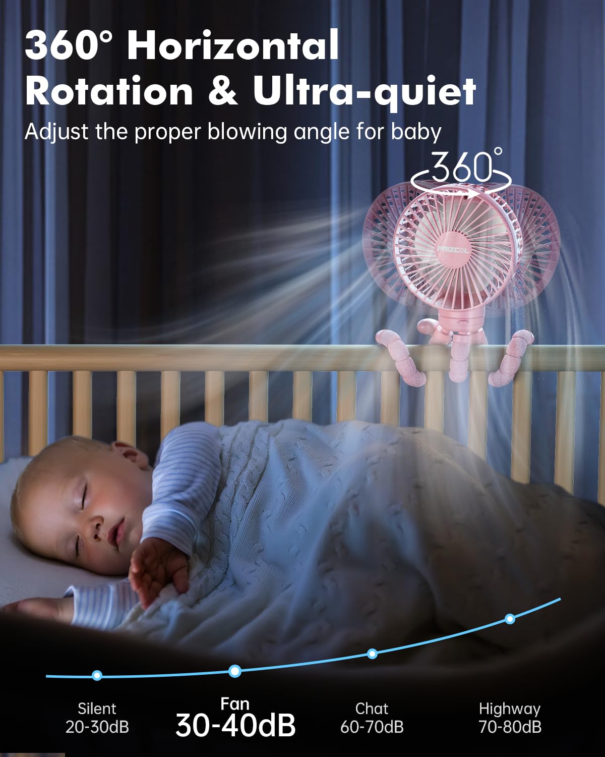 FRIZCOL pink stroller fan showing soft wind setting on baby seat