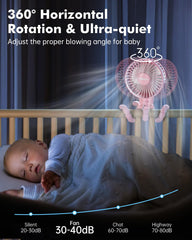 FRIZCOL pink stroller fan showing soft wind setting on baby seat