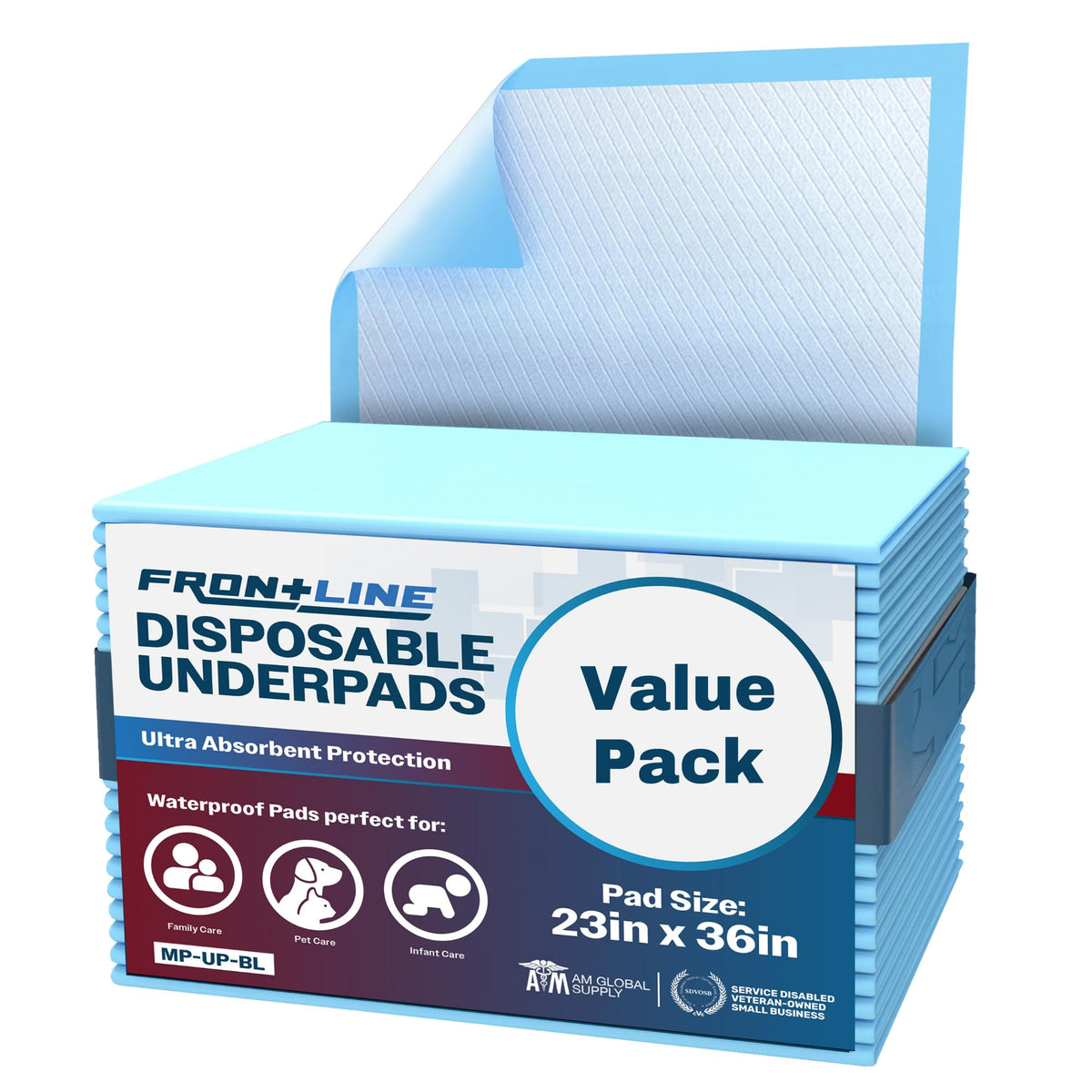 FRONTLINE underpads with absorbent core keep bedding dry overnight.