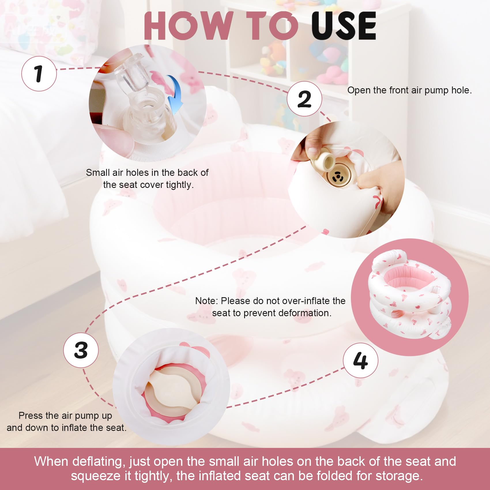 FRTUI baby seat with built-in air pump enables quick, easy setup.