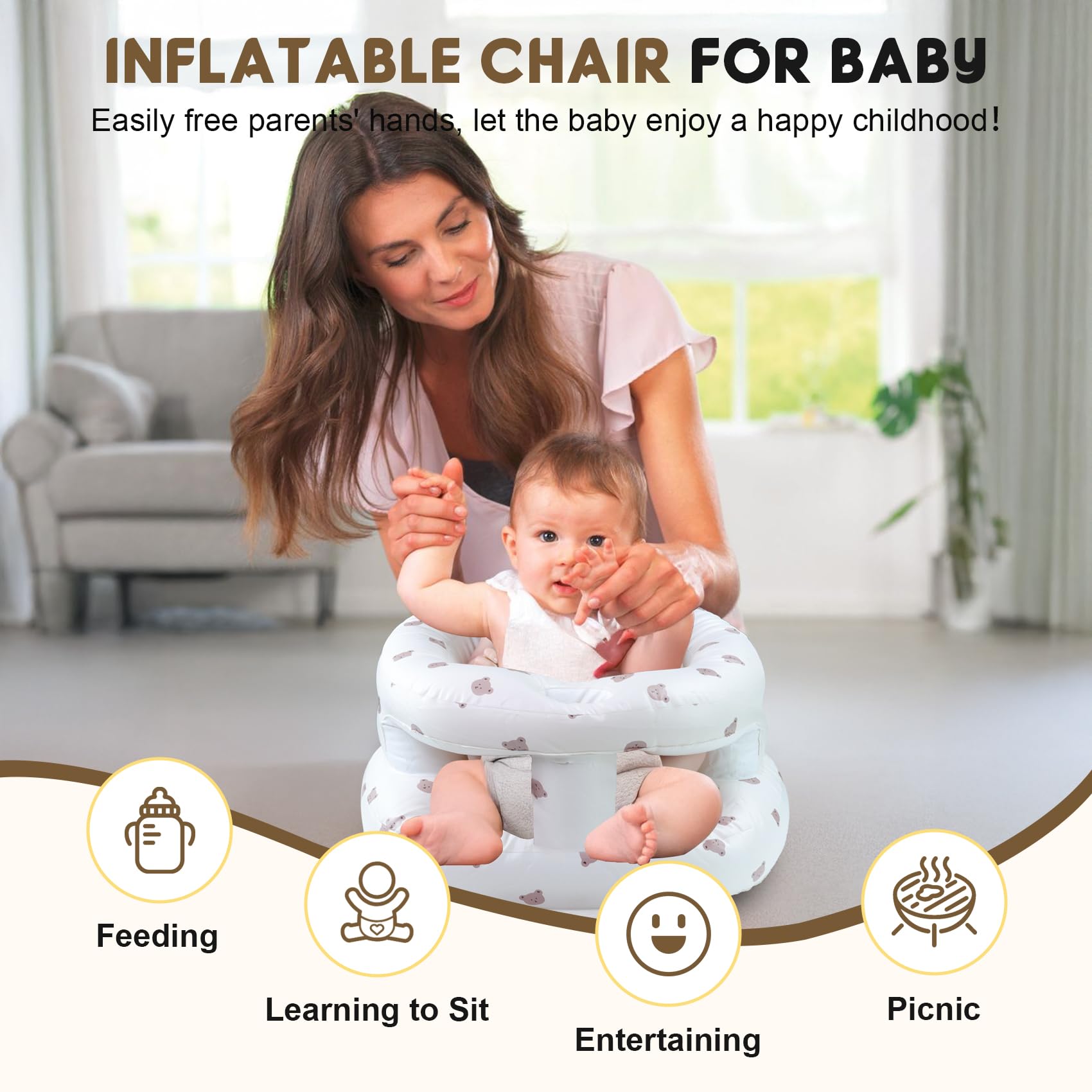 FRTUI inflatable baby seat back view demonstrates full enclosure for safe use.