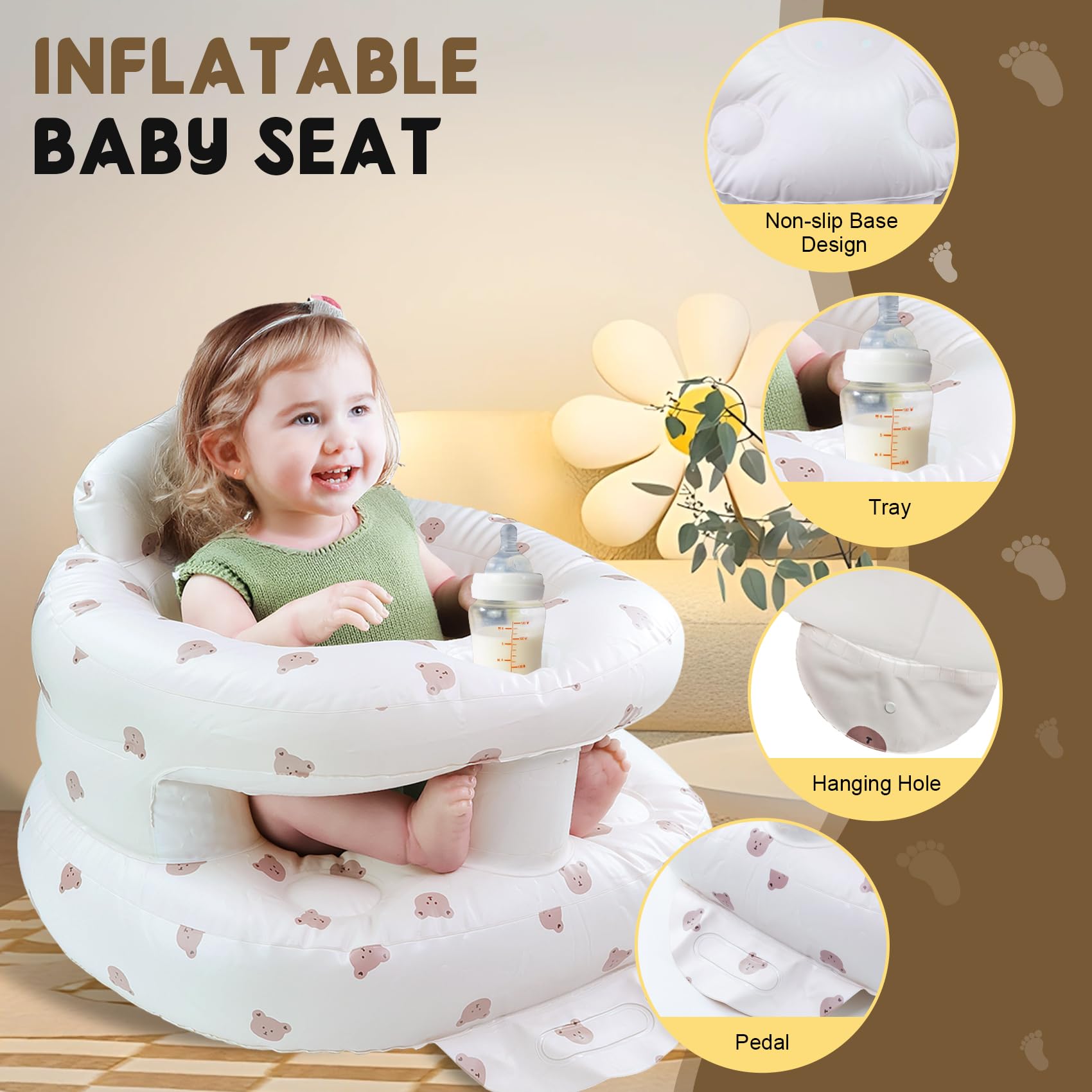 FRTUI inflatable baby seat built-in pump close-up emphasizes quick inflation.