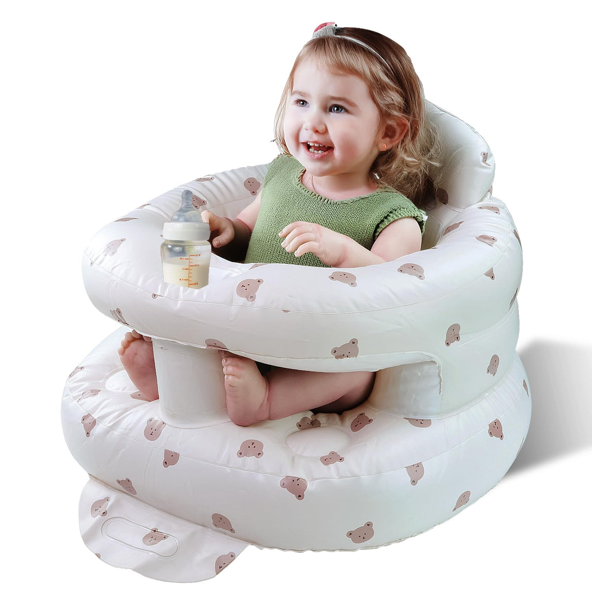 FRTUI inflatable baby seat front view highlights ergonomic support for comfortable sitting.