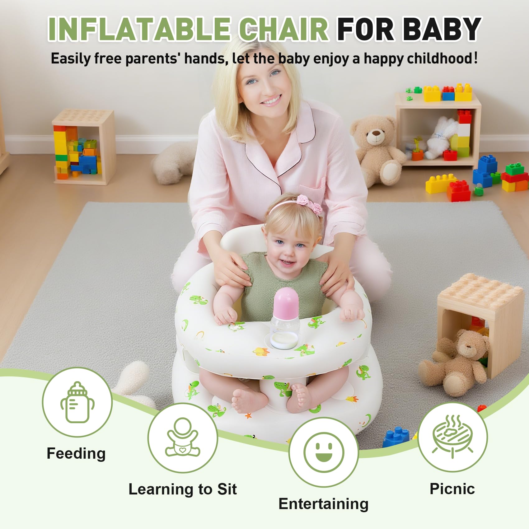 FRTUI inflatable baby seat in use outdoors keeps baby contained during outings.